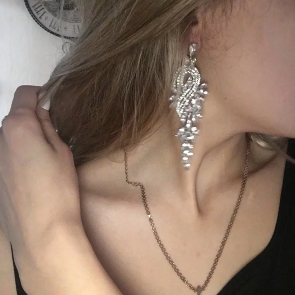 Silver Crystal Dangle Earrings Leaf Tear Drop Earrings Bridesmaid Prom Earrings - Picture 3 of 5